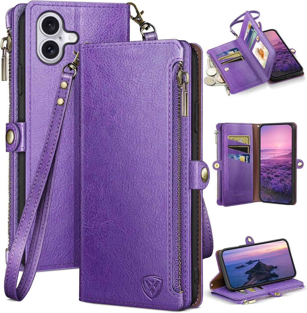 XcaseBar Compatible with iPhone 17 6.3" Wallet case with Zipper Credit Card HolderRFID Blocking,Flip Folio Book PU Leather Phone case Shockproof Cover Women Men for Apple 17 case Purple