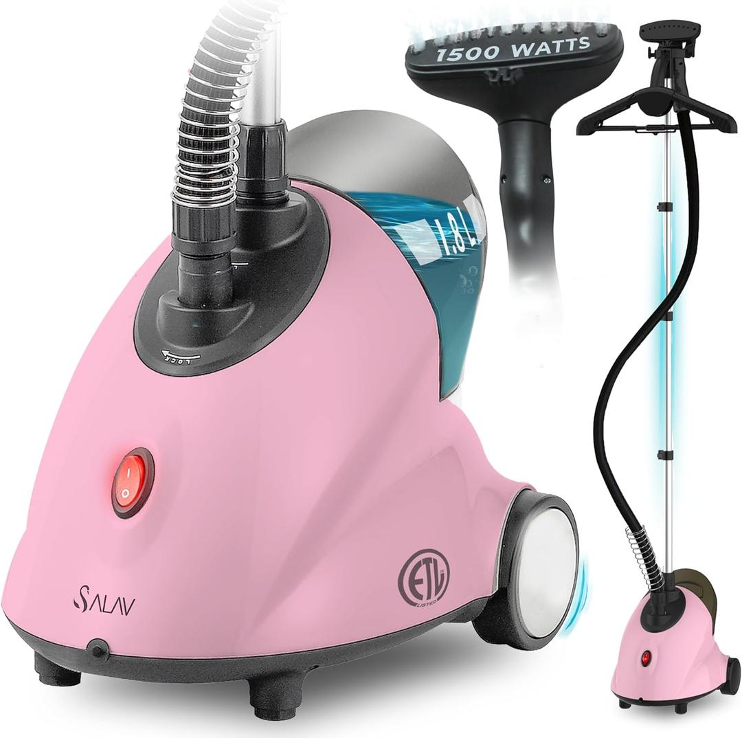 SALAV GS18-DJ Standing Garment Steamer with Roll Wheels for Easy Movement, 1.8L Water Tank for 1 Hour Continuous Steaming, Adjustable Pole for Storage, 1500 watts, Includes Descaler Packet, Pink