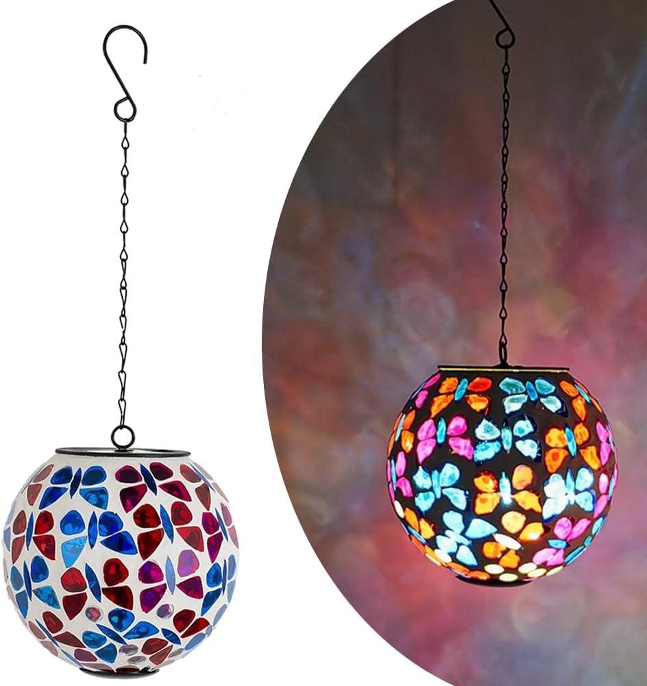 Mosaic Solar Lantern Pendant Light, Waterproof Gazing Ball Globe Hanging Lantern Lights Outdoor Decor for Patio Garden Yard, Home Decor(Butterfly)