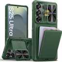 SSLOTSCASE for Samsung Galaxy S25 Ultra Case with Card Holder & Camera Cover Stand & Slide Lens Cover, Multifunctional Rugged Wallet Phone Case Cover for Galaxy S25 Ultra 6.9'', Green