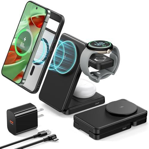 3 in 1 Magnetic Foldable Wireless Charger for Google Pixel Watch 3/2, 15W Fast Mag-Safe Charging Stand for Pixel 10 Pro XL/10 Pro Fold/10/9/8/7/6 Pro & Buds(Not Pixel Watch 4/1) with Adapter, Black