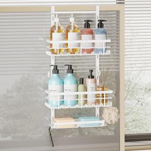 SWTYMIKI Over The Door Shower Caddy - 3 Tier Rustproof Hanging Shower Organizer with Adjustable Shelves, 28 Hooks & Soap Holder, Hanging Shower Rack Storage for Bathroom Accessories, White