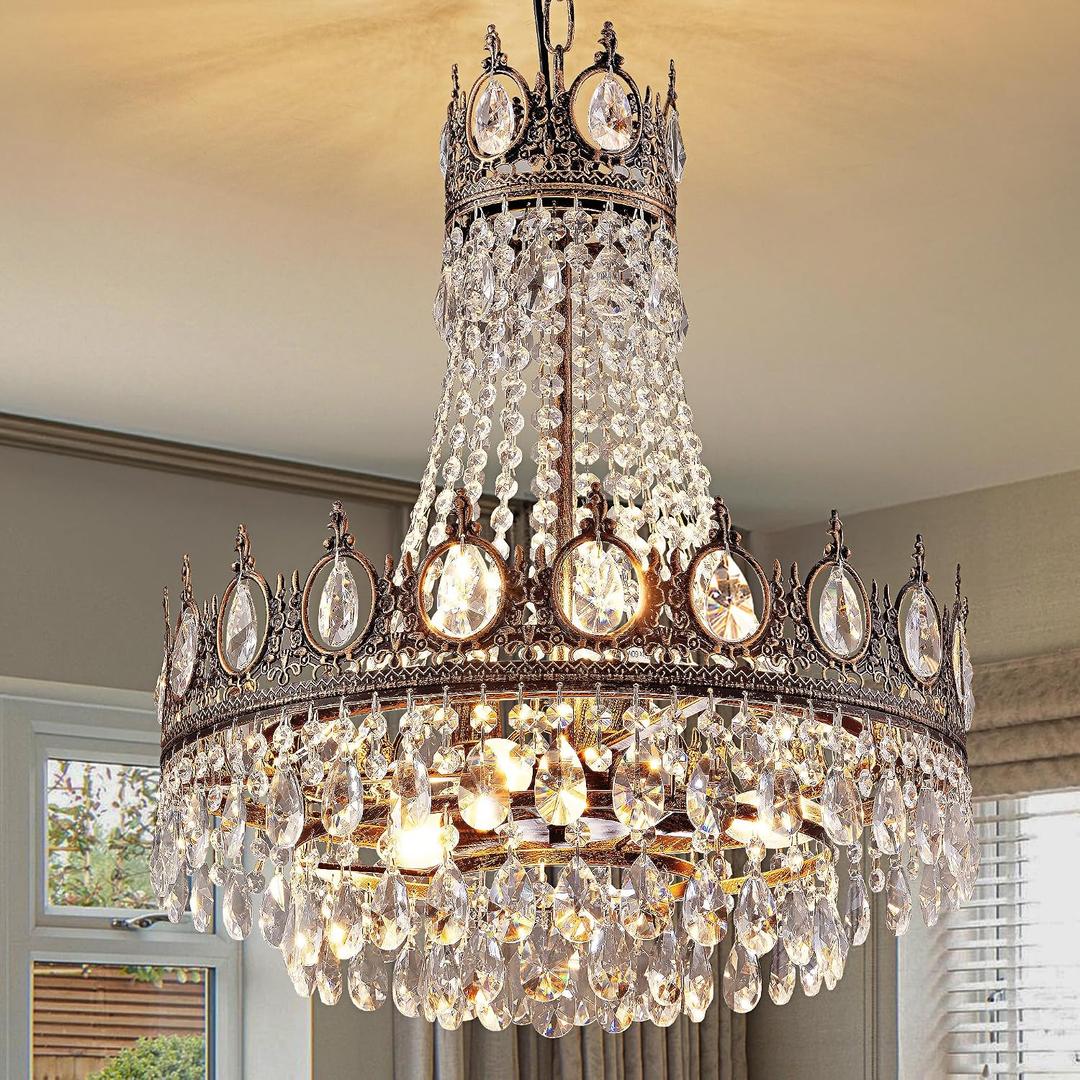 TOCHIC French Empire Crystal Chandelier 6-Light Farmhouse Antique Bronze Chandelier Vintage Rustic Ceiling Light Fixture for Dining Living Room, Bedroom, Kitchen Island, Bathroom, Foyer, 19" W