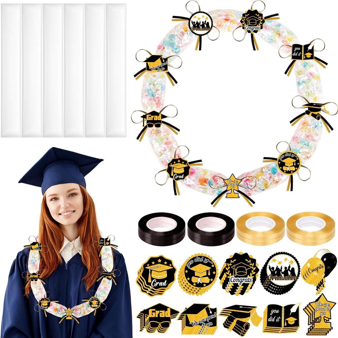 28PCS Black and Gold Graduation Decorations 2025 Candy Leis Making Kit - Hawaiian Congrats Grad Necklaces Party Supplies(Assembly Needed, Candy not Included)