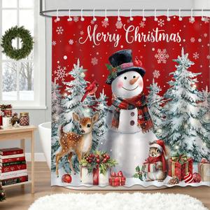 Mocsicka Christmas Snowman Shower Curtain Winter Xmas Tree Cute Snowman Reindeer Bathroom Shower Curtain Christmas Waterproof Fabric Shower Curtains Bathtub Decor with 12 Hooks 72 X 72 Inches (Red)