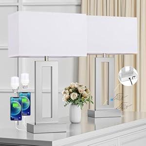 Nightstand Table Lamps for Bedrooms Set of 2 - Touch Bedside Lamp with USB C+A, 3 Way Dimmable Living Room Lamps for End Tables Set of 2, Modern Night Stand Lamps for Bed Side(White & Silver)