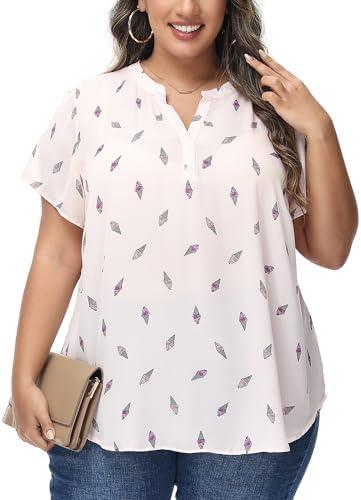 MCEDAR Women's Plus Size Chiffon Blouse Short Sleeve Split V Neck Floral Casual Summer Dressy Work Tops 2X