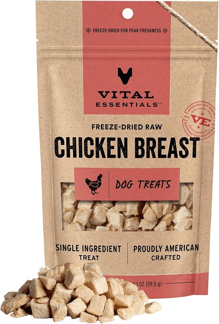 Vital Essentials Freeze Dried Dog Treats | Chicken Breast, Single Ingredient | Premium Quality | Grain Free Training Treats for Dogs, 2.1 oz Bag (EXP 10/31/26)