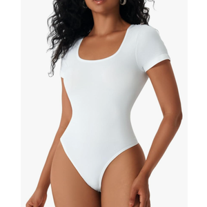 MOVWIN Women’s Bodysuit Tummy Control Seamless Short Sleeve Body Suit Shapewear Thong Square Neck Body Sculpting Shaper, White,Ll