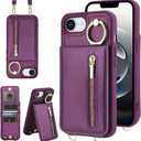 Jcxtrombulou Crossbody Wallet Case for iPhone 16E/17E with Lanyard Strap Card Slot Holder RFID Blocking 360 Ring Kickstand,Magnetic Flip Folio Zipper Purse Case, PU Leather Cover Handbag,Deep Purple