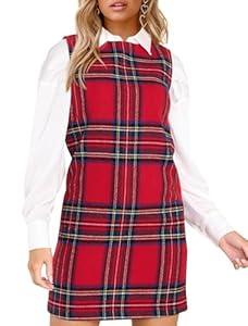 Fisoew Womens Plaid Christmas Mini Dress Fall Sleeveless Crew Neck Xmas Party Overall Dresses Red