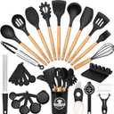 Astercook 39 PCS Kitchen Utensils Set, Silicone Cooking Utensil Sets with Wooden Handle, 446F Heat Resistant Food Grade Spatula Set, BPA Free Kitchen Gadgets Tools Set & Spoons for Nonstick Cookware (Black)