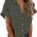 Beautife Womens Short Sleeve Shirts V Neck Collared Button Down Shirt Tops with Pockets (Large, Army Green)