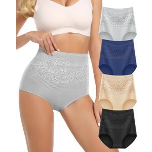 MEIYATING Women's Cotton Underwear Super Stretchy High Waisted Postpartum Tummy Control Ladies Panties Briefs 4 Packs (Medium, Black, Nude, Blue, Grey)