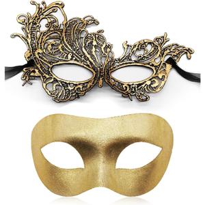 Couple Masquerade Mask for Women Men Venetian Mask Halloween Mask for Party Prom Ball Costume Lace Mask (Gold)