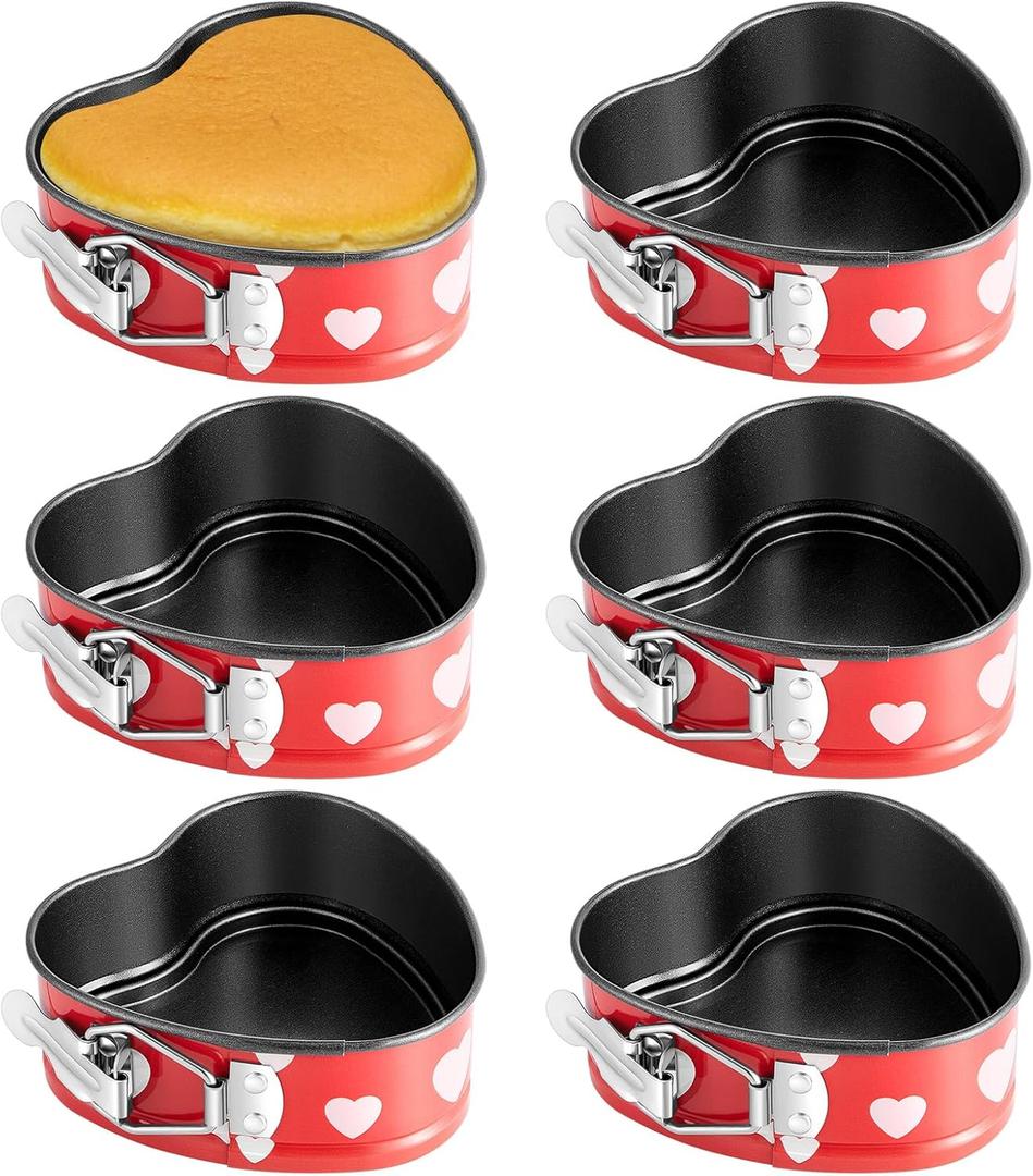 Hoolerry 6 Pcs Mini Heart Springform Pan 4 Inch Heart Shape Mini Cheesecake Pans Non Stick Cake Mold Small Cake Mold with Drop Bottom for Air Fryer Pressure Cooker Baking (Pattern,Red)