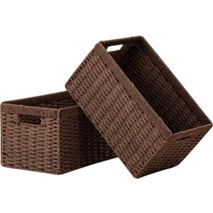 UBBCARE 2 Pack Wicker Basket, 13.4L8.3H7.1W inch Woven Paper Rope Storage Baskets for shelves, Foldable Rectangular Storage Baskets with Handle, Storage Basket for Organizing, Dark Brown