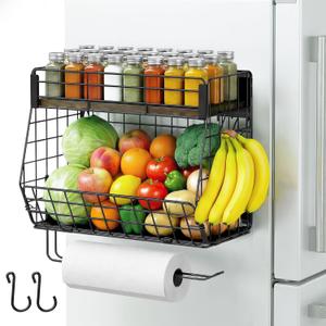Magnetic Spice Rack for Refrigerator with Paper Towel Holder, Fruit Basket with 2 Hooks for Kitchen Storage and Organizer, FullEnclosed Magnetic Shelf 33 lbs for Laundry, Pantry, Coffee Bar and RV