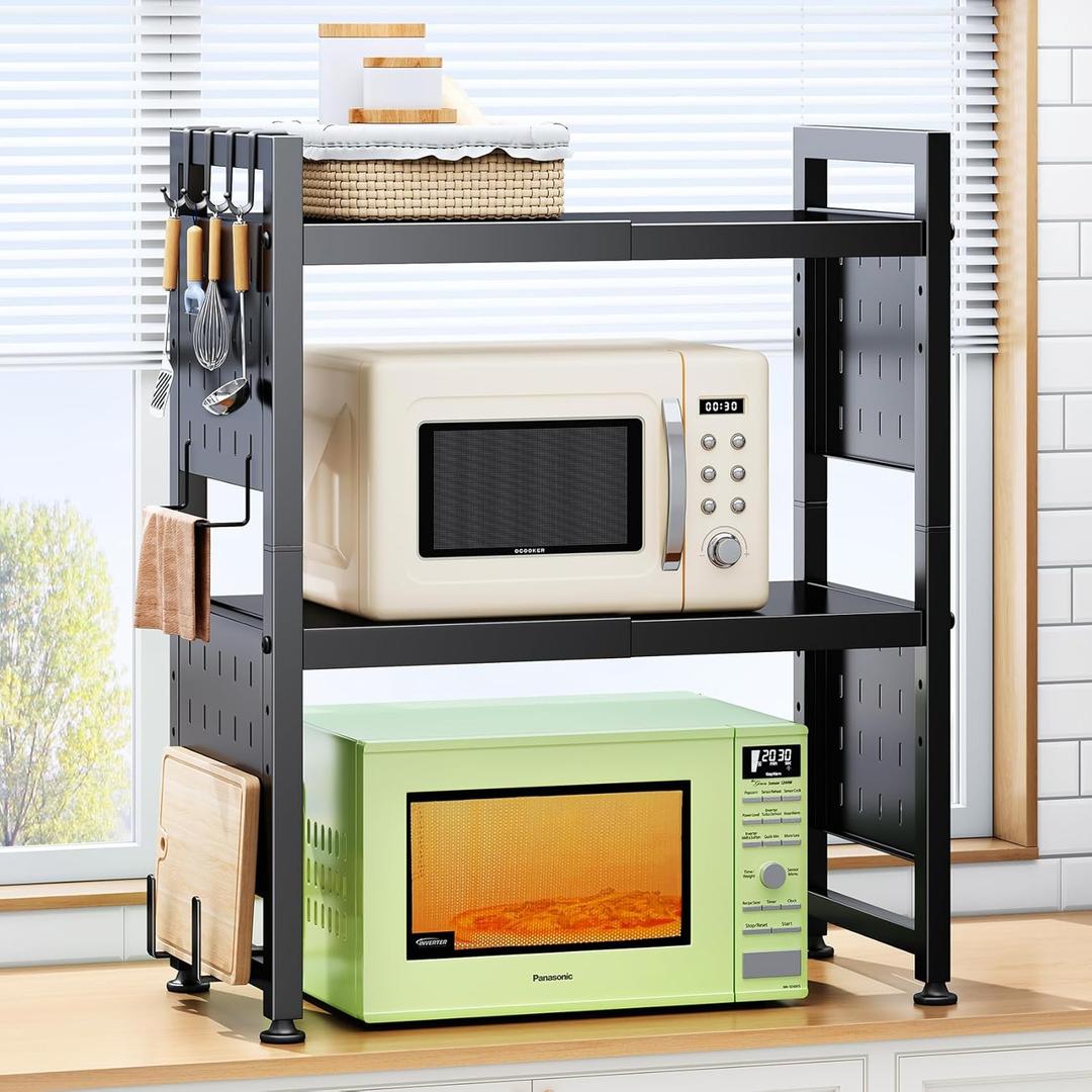 Expandable Microwave Stand, Heavy Duty 3-Tier Adjustable Microwave Oven Rack Shelf with 8 Hooks & 2 Holders, Space-saving Kitchen Counter Shelf for kitchen organizers and storage, 200lbs Capacity (Black)