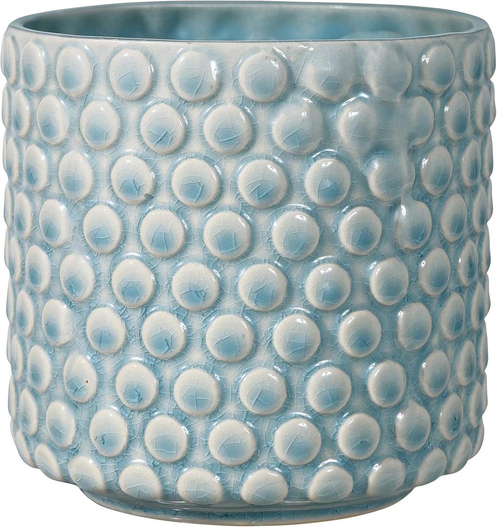 Nordring Stoneware Flower Pot – 5’’ Sky Blue Planter with Polka Dots – Modern Ceramic Pot with Crackle Glaze – No Drainage Holes – Holds 4’’ Indoor Plant