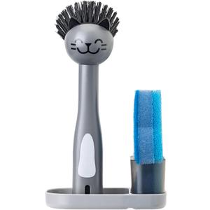Vigar Pets Club 3-in-1 Gray Cat Dish Brush, Blue Fish Sponge and Tray for Brush and Sponge Holder for Kitchen Sink, Sponges for Dishes Cat, Dog Bowls