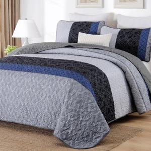 Cottolester King Quilt Set 3 Pieces,Gray and Blue Striped Quilt Set,Boho Farmhouse Bedspread Soft Microfiber Bedding Set for All Season 110"x90"