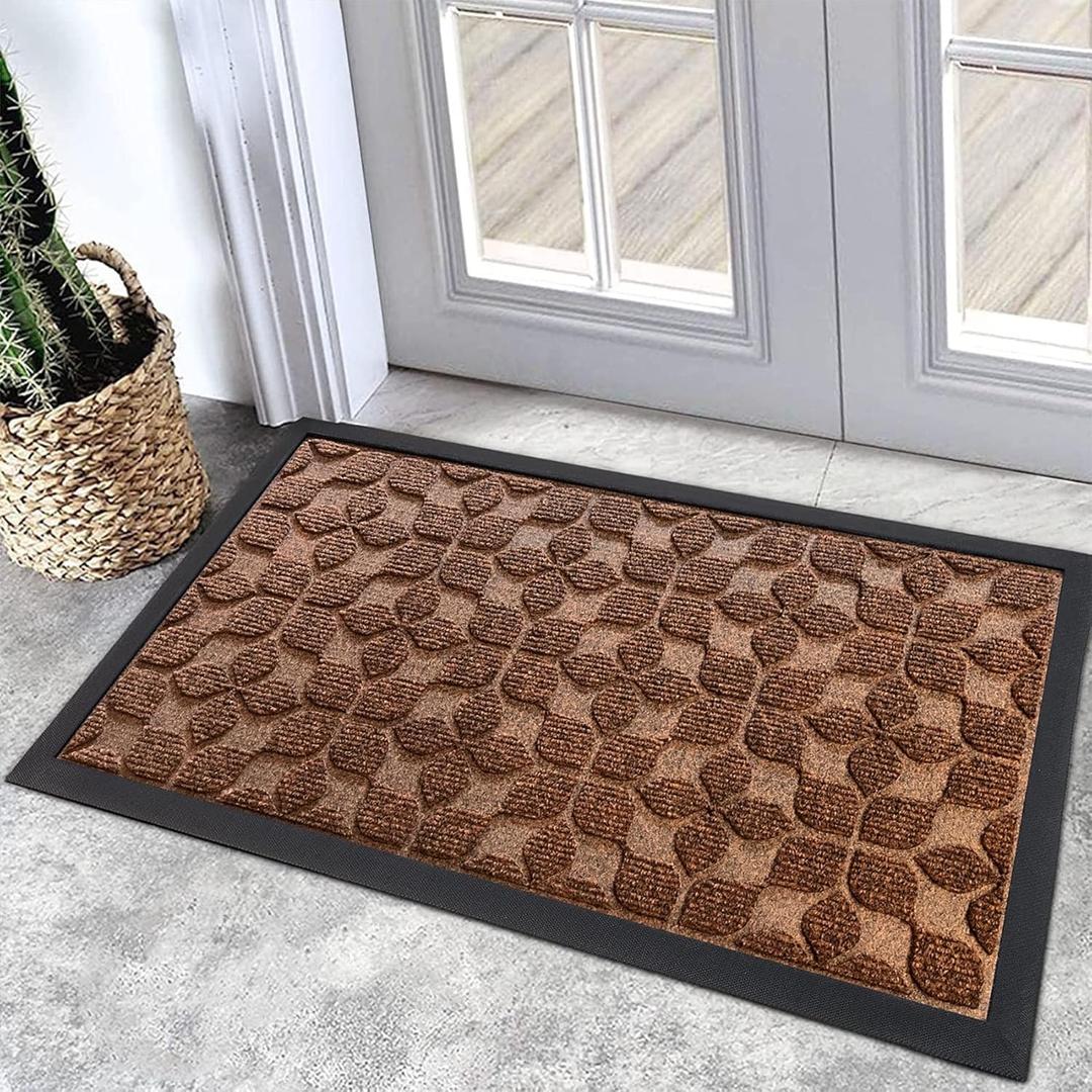 Bulijojo Outdoor Indoor Entrance Doormats,Durable Heavy Duty Welcome Mat,Thick Absorbent Natural Rubber Non Slip Mat,Easy Clean Entryway Rug 17"x30" Geometric Brown Size: 1ft5" x 2ft6"
