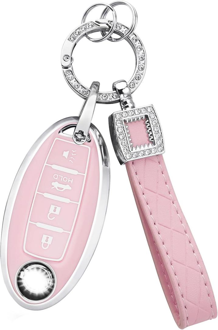 2 x 1797 4 Button Key Fob Cover for Nissan Pink Cute Bling Key Chain Case Shell Altima Rogue Sentra Murano Pathfinder Armada Accessories TPU