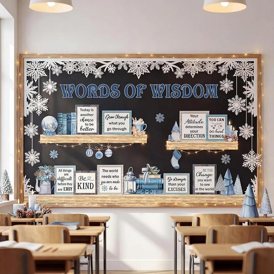 Qilery Winter Bulletin Board Decorations Set – Inspirational Quotes Posters, Seasonal Classroom Wall Decor, Holiday Bulletin Board Kit with Snowflake Lantern Cutouts for Teachers Office Library Home