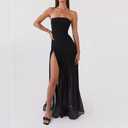 Women Tube Top Dress Tiger Stripe Mesh Patchwork Maxi Dress Strapless Sexy High Slit Long Dresses Party Clubwear (S)