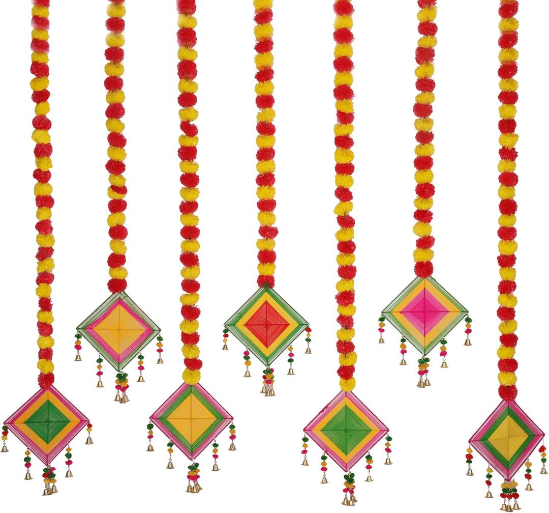 Marubhumi Artificial Marigold Flower Strands Garland for Diwali Decor,5 Feet Long Strands, Garland for Decoration, Diwali Decorations for Home, Christmas Decor Wedding Decor, Yellow & Red - 5 PCS