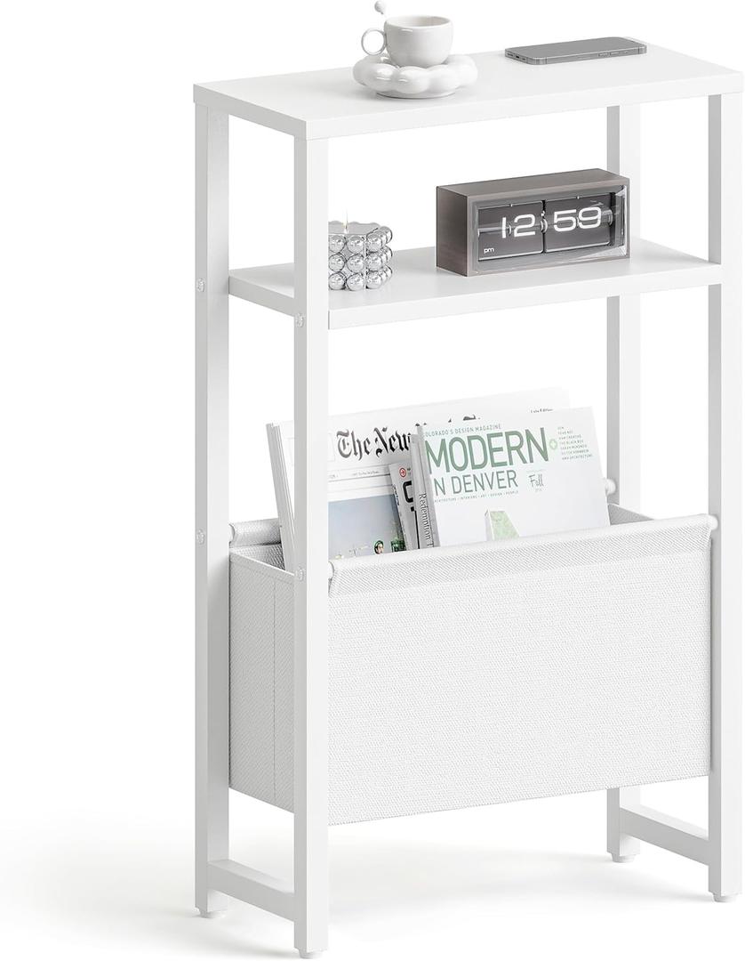 Narrow Side Table, Slim End Table with Magazine Rack, Bedside Table for Small Spaces, 3 Tier Sofa Couch Table Nightstand for Living Room, Bedroom, White LET503W