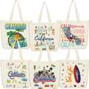 VioraWhite 6 Pcs Large Canvas Tote Bags Reusable City Souvenir Grocery Bags with Handle Shopping Basket Bulk (California)