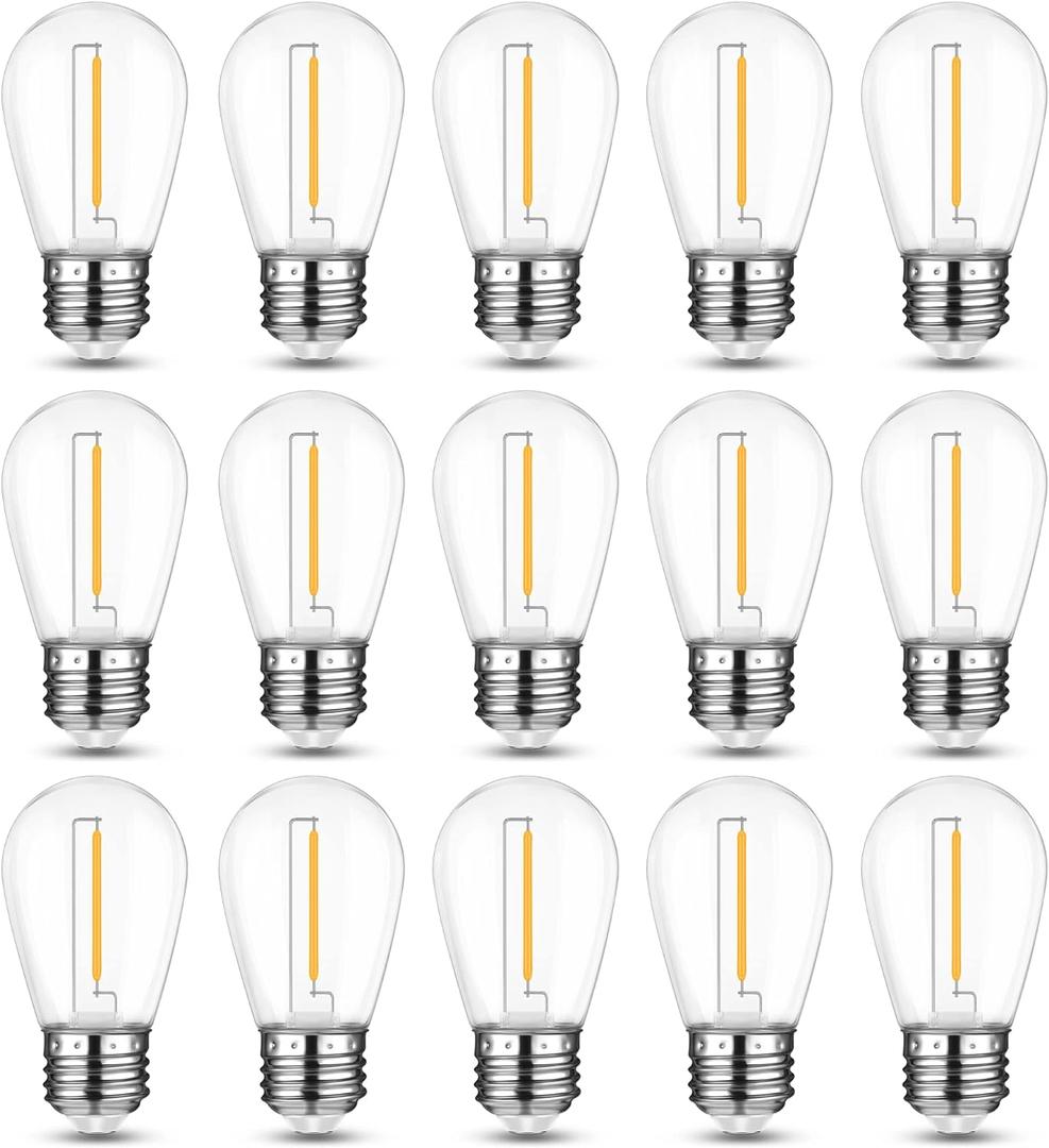 Mlambert LED String Light Bulbs,Shatterproof Outdoor String S14 Replacement Light Bulb,Waterproof 1W LED Edison Bulb Equal to 11W,Warm White,Not Solar, 15 Pcs