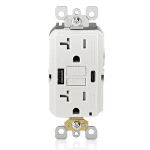 Leviton 20A SmartlockPro Self-Test GFCI Combination with Type A & Type-C USB in-Wall, USB Charger for Smartphones and Tablets, GUAC2-W