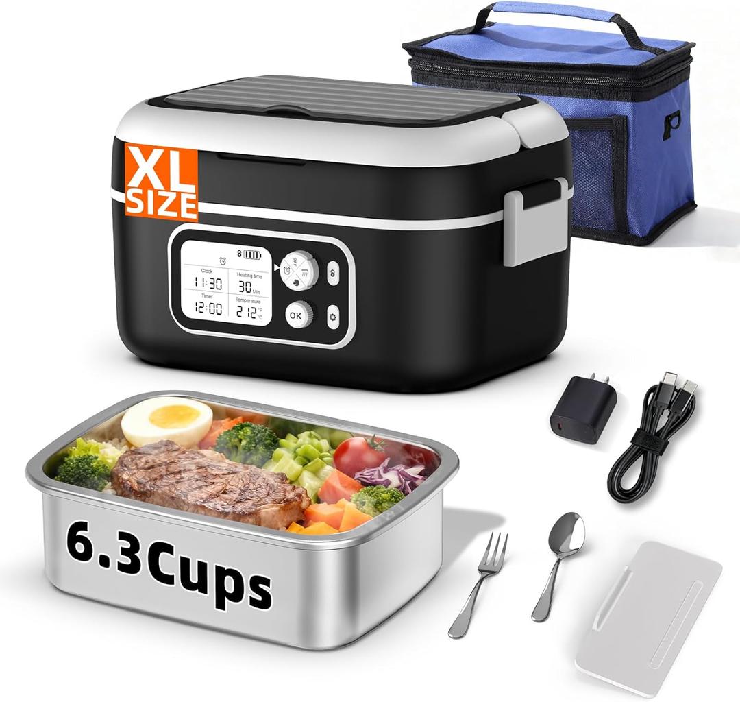 Cordless Electric Heated Lunch Box for Adults, XL 6.3-Cups 24000mAh Rechargeable Battery Powered Smart Self Heating Lunchbox for Men Women, 100W Food Warmer for Trucks Driver Travel Office Worker (Black)