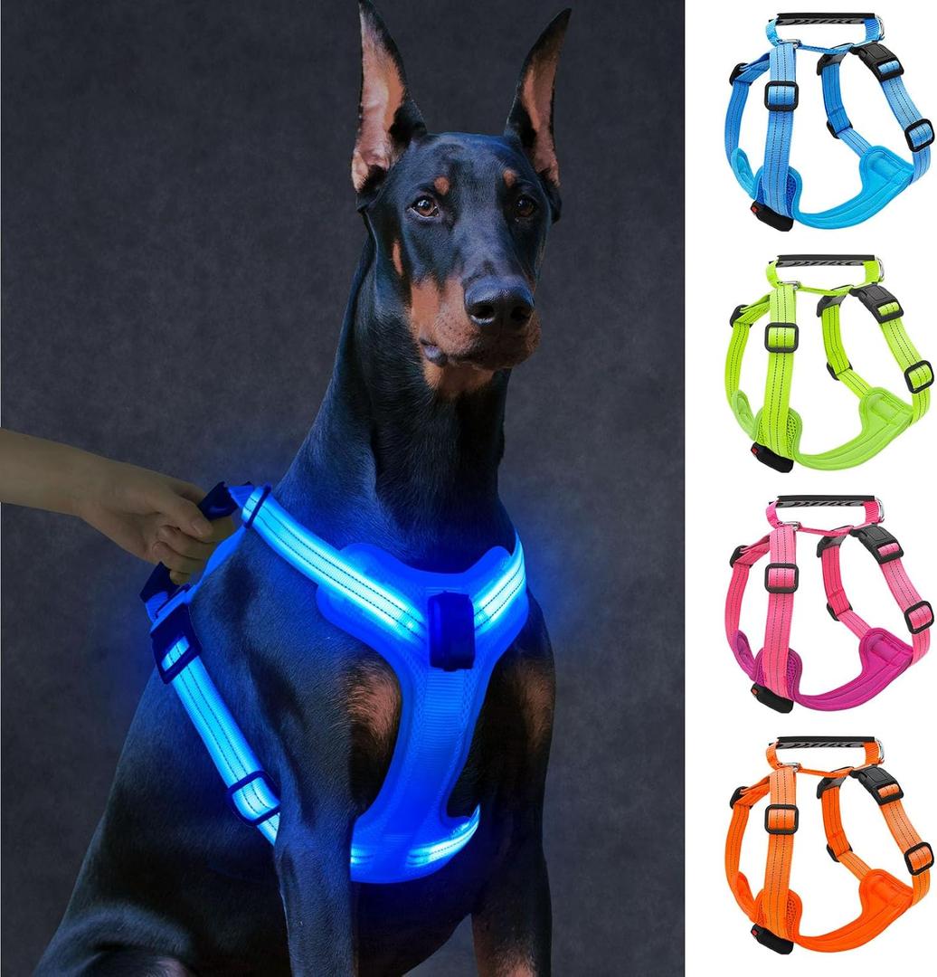 Light Up Dog Harness, Led No Pull Dog Harness with Handle Reflective Glow-in-The-Dark for Night Walking, USB Rechargeable Lighted Vest for Medium Large Dogs, Adjustable Soft Illuminated(Blue, Large)