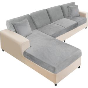 NAISI Sectional Couch Covers 8 Pieces Velvet Couch Cushion Covers L Shape Soft Stretch Sofa Slipcovers with 2pcs Pillowcases for Left/Right Chaise Sectional Couch(3 Seater+1 Chaise+4 Back,Light Grey)