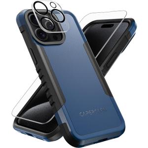 Rugged Case for iPhone 15 Pro Max 6.7 inch with 2X Screen Protector + Camera Lens Protector, [Military Grade Protection] Heavy-Duty Tough Slim Fit Lightweight Protective Case, Blue