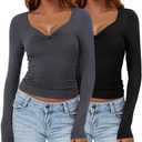 Ficerd 2 Pack Women's Long Sleeve T Shirts V Neck Twist Double Lined Crop Tops Going Out Slim Fit Trendy Tunic Tee Large, Gray/Black