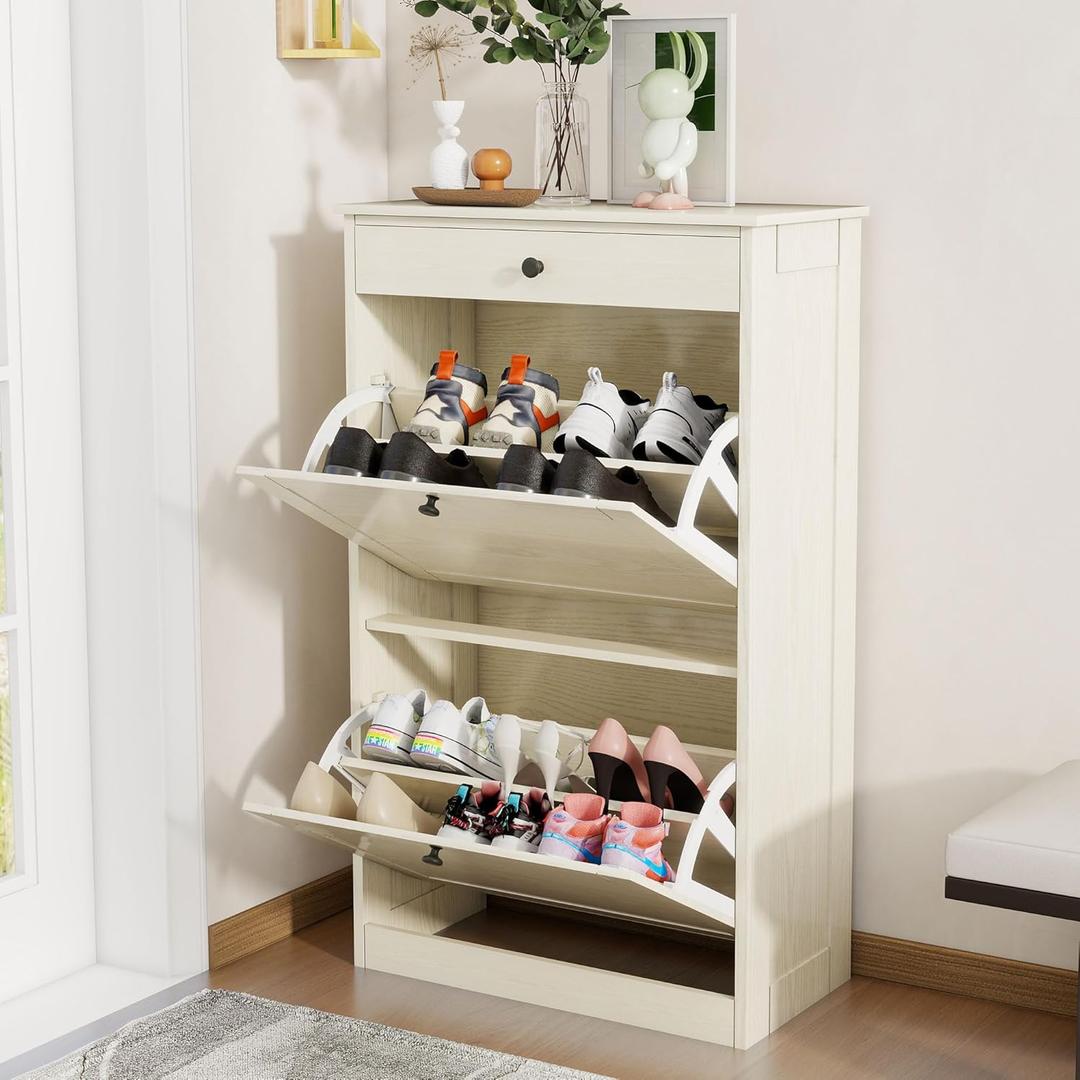 FTZxHKLX Shoe Cabinet with 2 Flip Drawers, Slim Freestanding Hidden Shoe Organizer with Drawer, Pet-Proof Shoe Storage Cabinet for Entryway Living Room Behind The Door, Light Oak