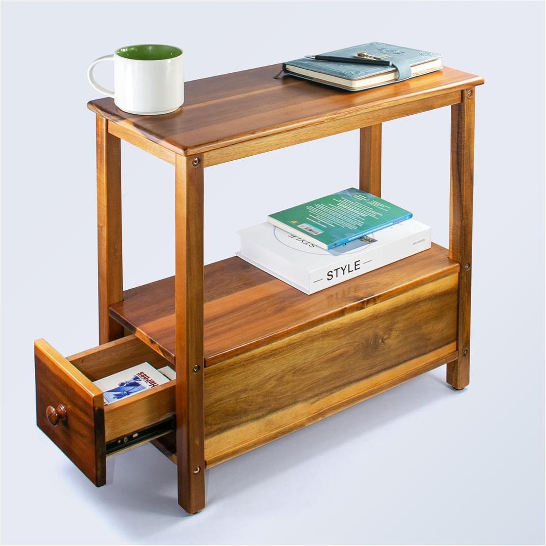 ENKEZI Narrow End Table with Drawer and Shelf Slim Side Table for Small Spaces, Nightstand for Bedroom or Living Room, Small Bedside Table (Bottom Drawer), 23" x 10" x 24"