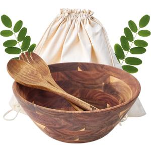 Wooden Salad Bowls with Serving Utensils, Large 12.5" Acacia Wooden Bowls for Food, Perfect as Fruit Bowl, Serving Bowls, Mixing Bowls, Handmade, Durable and Stylish Natural Wood Dinning Accessory