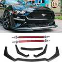 3PCS Matte Black Front Bumper Lip Chin Spoiler Splitter Diffuser Protector Body Kit with Adjustable 10"-13" Red Support Rod Compatible with 2018-2022 Ford Mustang Ecoboost GT V8