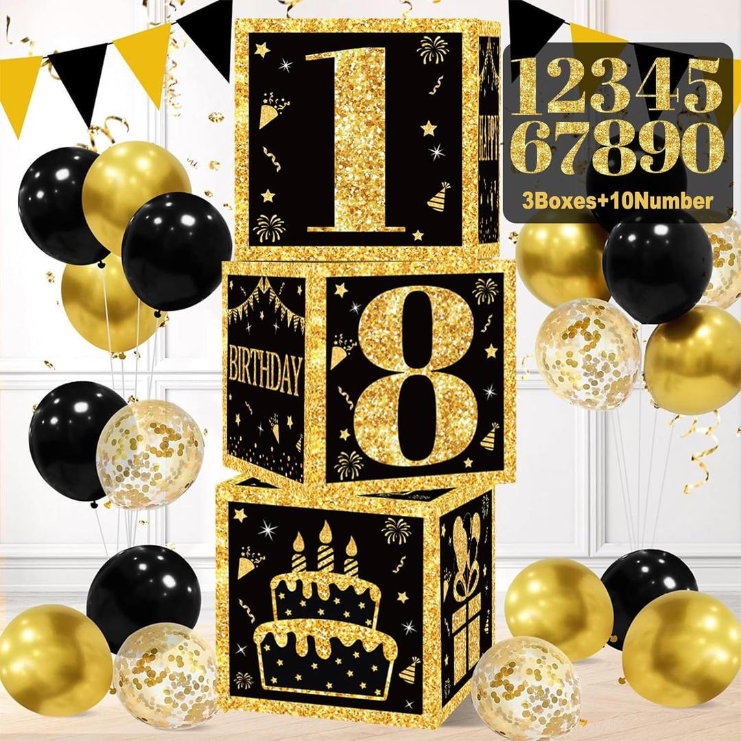 Birthday Decorations Boxes for Boys or Men - 3PCS Black Gold Happy Birthday Balloons Boxes with 0-9 Numbers, Bday Theme Cardboard Decor