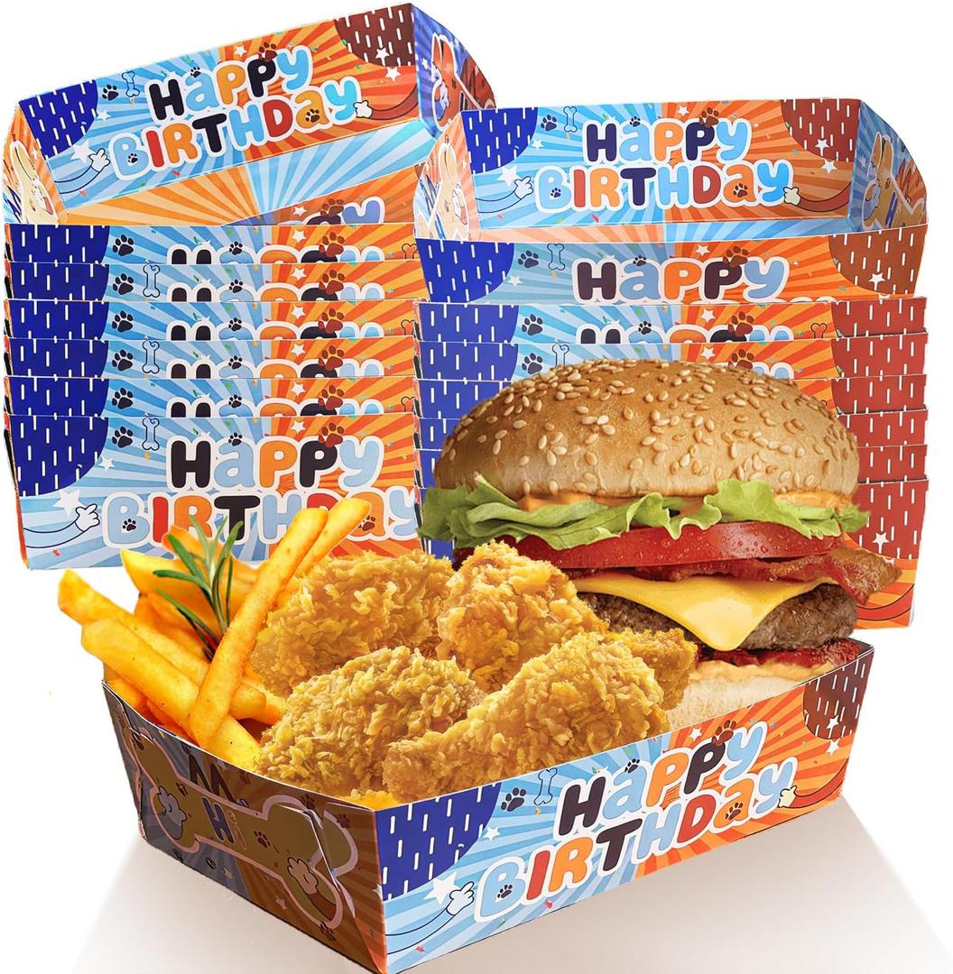 36 Pcs Blue Dog Theme Paper Food Trays Boats Disposable, Nacho Snack Taco Food Trays for Cartoon Dog Birthday Party Decorations Supplies Favors
