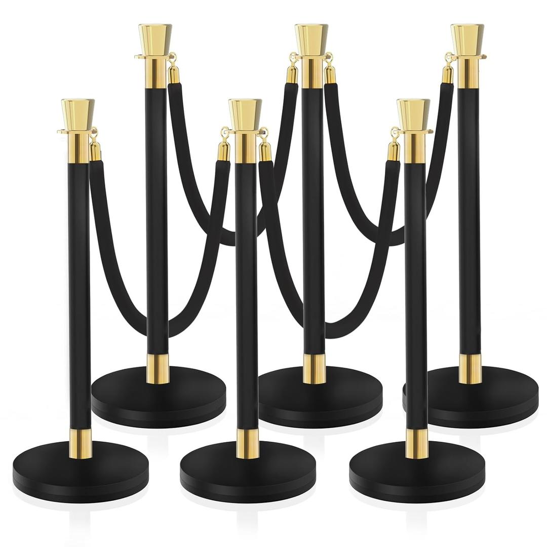 Black Stanchion, 5 ft Black Velvet Rope Red Carpet Ropes and Poles, Stainless Steel Stanchions Post Used for Theaters, Parties, Wedding, Exhibition, 6PCS