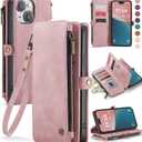 Defencase Compatible with iPhone 15 Plus Case Wallet with RFID Blocking Card Holder for Women Men, PU Leather Magnetic Snap Flip Zipper Strap Wallet Phone Case Fit for iPhone 15 Plus 6.7", Rose Pink