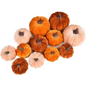Lvydec Velvet Pumpkins Set Harvest Decoration, 12pcs Assorted Size Orange Cloth Pumpkins for Table Decoration Halloween Thanksgiving Autumn Festive Home Decor