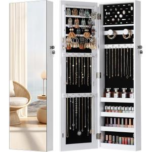 Nicetree Mirror Jewelry Cabinet, Jewelry Armoire with Full Length Mirror, Mirror with Jewelry Storage Wall/Door Mounted, Lockable Jewelry Armoire Organizer, White